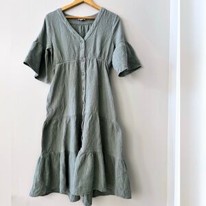 P Cill Gauze Dress Women's Small 100% Cotton Green Button Front